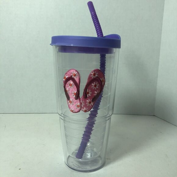 Tervis Tumbler Cup 24 oz Pink Daisy Flip Flops Beach w Purple Lid & Straw C1 - Picture 2 of 9